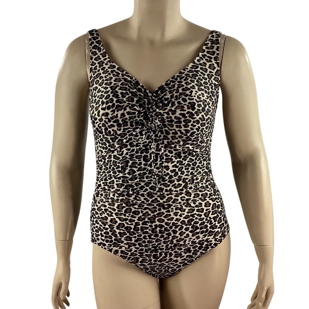 Aqua Green Leopard Print Ruched Front One Piece Swimsuit Size L